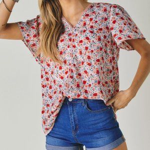 Floral Printed V Neck Short Sleeve Top